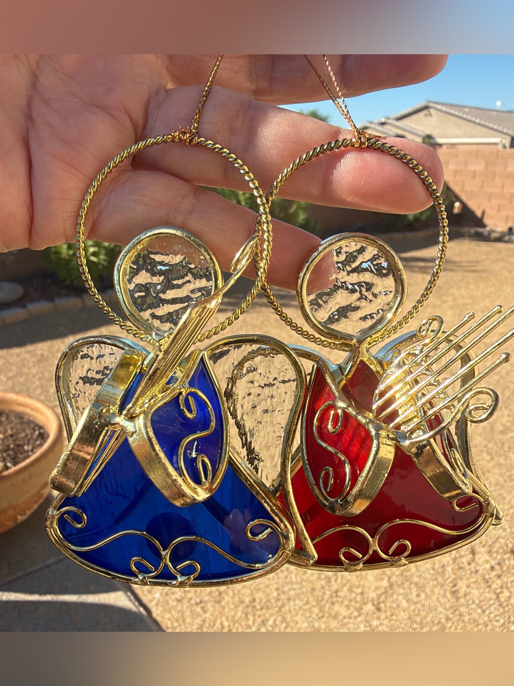Vintage Stained Glass Angels - Set of 2 (Red & Blue) Christmas Ornaments